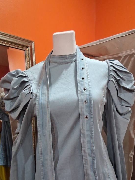 Athina Dresses & Skirts - Light Blue Puff-Sleeve Mini Dress with Sash